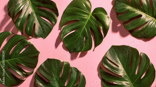 Monstera foliage arranged on pastel pink surface in a top-down flat lay composition
