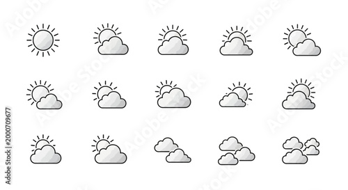 Minimalist Weather Icons Depicting Sunny and Cloudy Conditions in Simple Graphic Styles