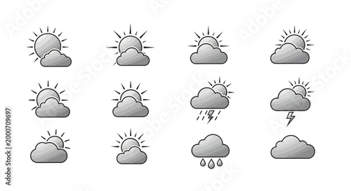 Minimalistic Weather Icons Depicting Various Meteorological Conditions Clearly and Precisely