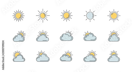 Weather Icon Set Featuring Sun and Cloud Illustrations in a Modern, Flat Style Design