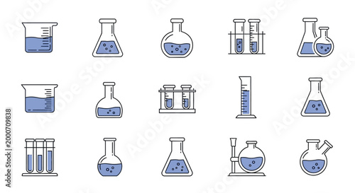 Minimalist illustrated vector icons of laboratory glassware and scientific equipment