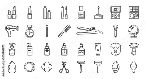 Collection of beauty and cosmetic icons in outline style, diverse makeup and skincare essentials for modern design, isolated on white background.