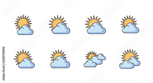 Weather Icons Depicting Sunshine and Cloudy Skies with Varying Conditions and Presentations
