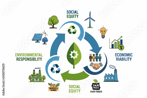 Sustainability concept illustration showing the interconnectedness of environmental responsibility, economic viability, and social equity with icons and circular arrows