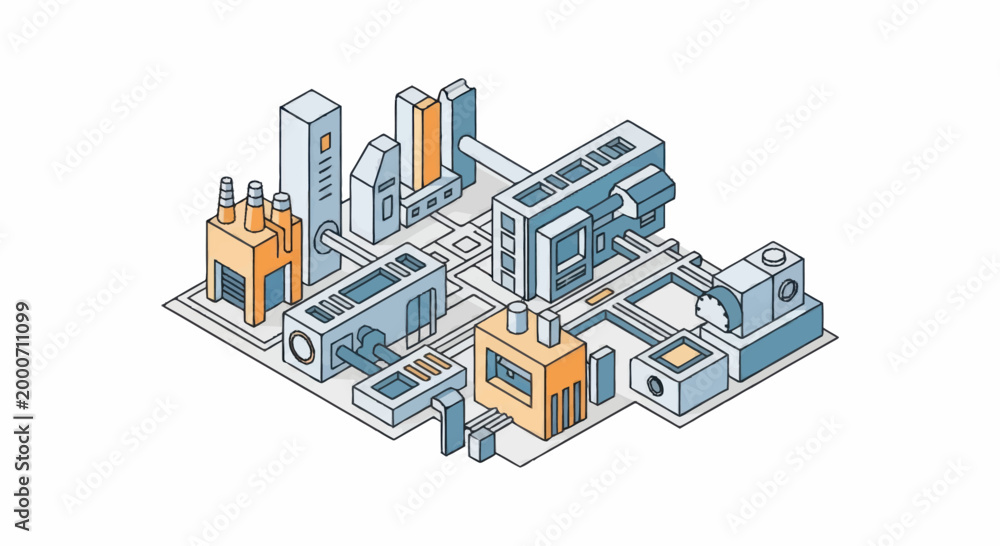 Naklejka premium Isometric illustration of a futuristic industrial complex with machinery.