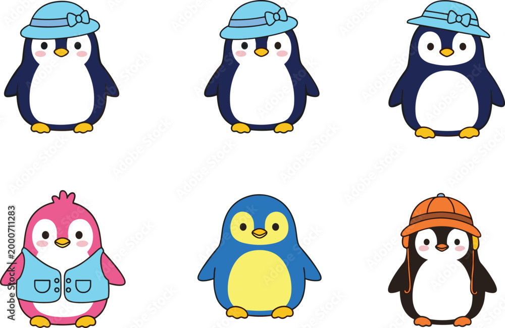 Fototapeta premium Cute cartoon penguins wearing colorful hats and outfits in playful poses for animal and fashion-themed illustrations on white background.