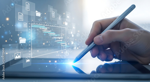 Professional Hand Using Stylus on Digital Tablet with Futuristic Gantt Chart and Project Management Interface for Efficient Business Planning and Data Organization