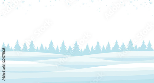 Serene winter landscape with snow-covered hills, pine trees, and snowflakes for seasonal and holiday-themed designs on white background.