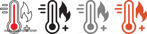 Handmade vector illustration set of temperature and heat icons with thermometer, fire flame and plus symbol symbols on transparent background for weather