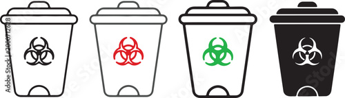 Set of biohazard waste bin icons with medical hazardous symbol in black, red, and green colors. Professional vector illustration for clinic and lab.