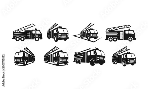 Fire trucks are depicted in various angles and positions on the road