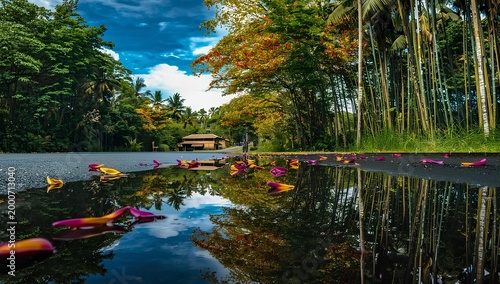 Vibrant Tropical Landscape with Flowering Trees and Mirror-Like Road Reflection