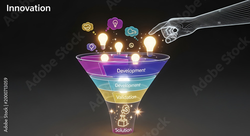 Innovation process funnel with robotic hand and glowing ideas