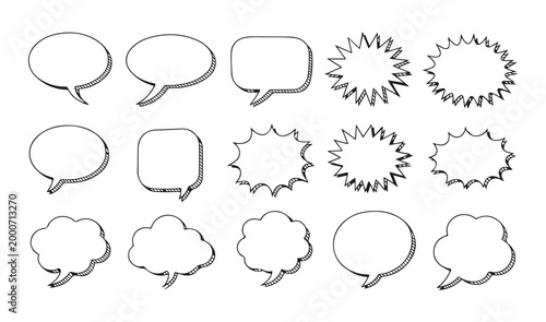 Hand drawn speech bubbles set with doodle style frames for comic book conversation text graphic elements.