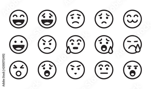 Collection of cartoon face emojis expressing various emotions like happiness sadness anger and surprise.