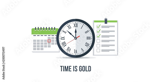 Time management, productivity icons, clock, calendar, checklist, business concept
