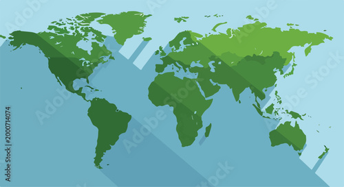 A green world map on blue background