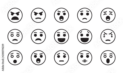 Set of fifteen emotion faces icons vector graphics diverse expressions like anger surprise fear sadness.