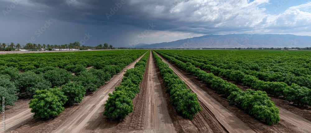 Naklejka premium Large scale orchard with aligned trees under a colorful sky at dusk