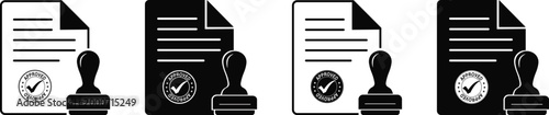 Document stamp icon set, approved and accepted rubber seal symbols on paper files, business certification, legal agreement authorization, verification and validation signs, vector graphic