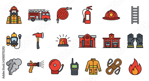 Firefighter equipment and tools icons.