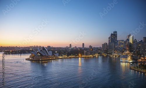 Circular Quay and The Rocks at dusk, skyline with Sydney Opera House, Opera, Financial District, Banking district, Sydney, New South Wales, Australia