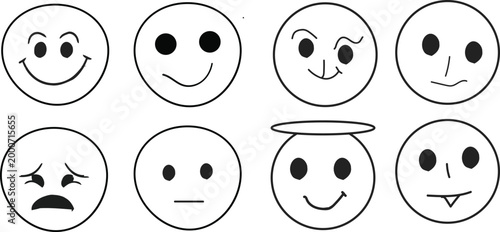 Collection of eight hand drawn cartoon faces expressing various emotions in black and white