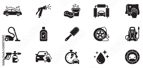 Car wash icons set. Auto car detailer icon. Washing, drying, polishing car parts. Automatic and self-service washing. Vector illustration. EPS 10