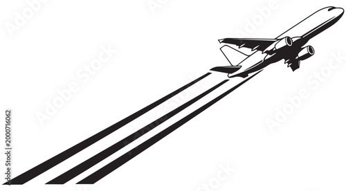 Minimalist black and white vector illustration of a commercial airplane taking off isolated on white background