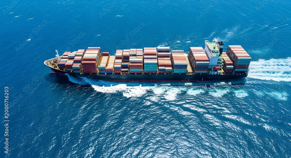 Fototapeta premium Drone photo of a cargo ship in the middle of the open sea carrying many containers of various colors with bright blue sea light shining
