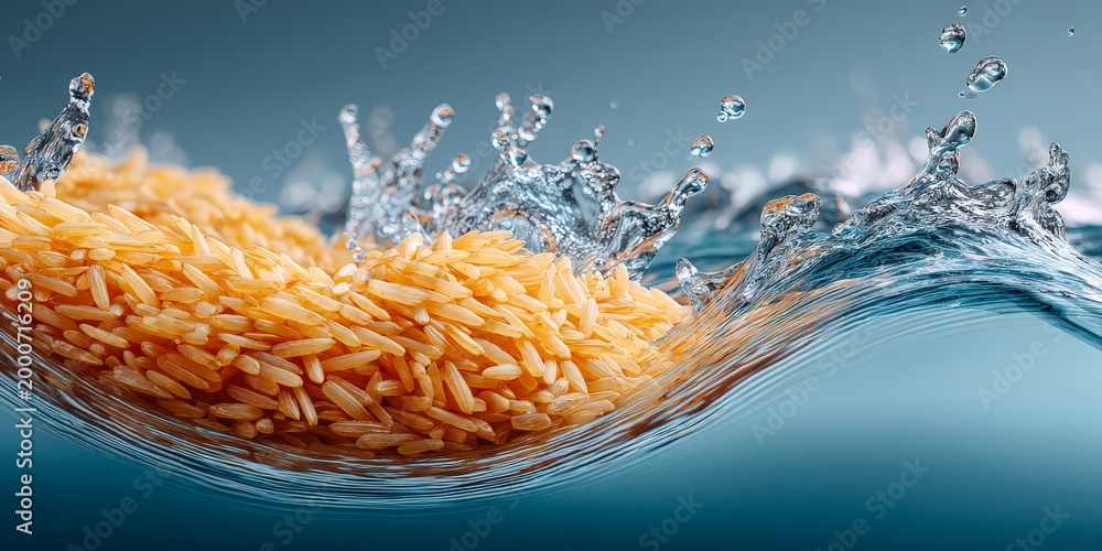 Obraz premium Rice splashing in water, capturing freshness and culinary delight.