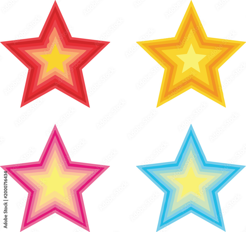 Obraz premium Set of colorful geometric stars in red, yellow, pink, and blue for modern decoration and graphic design on white background.