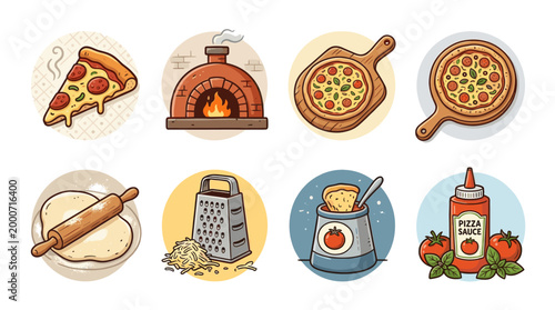 Pizza Cooking Process Doodle Illustration Set in Italian Food Style