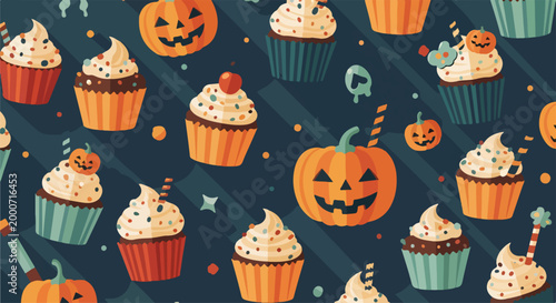 A festive Halloween pattern with cupcakes and pumpkins