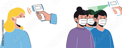 Illustration of individuals having their temperature taken with an infrared thermometer in a group setting for health and safety awareness on white background.