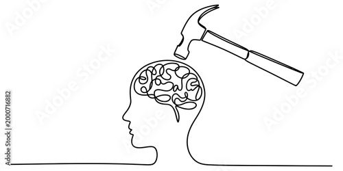 Continuous line drawing of a hammer hitting a human head with a brain made of scribble lines representing a headache or stress and mental pressure