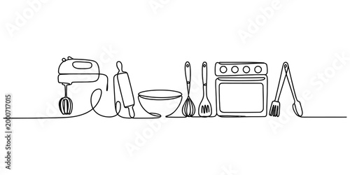 Continuous line drawing of baking tools kitchen equipment mixer rolling pin bowl whisk spatula oven and tongs for food preparation and cooking concept