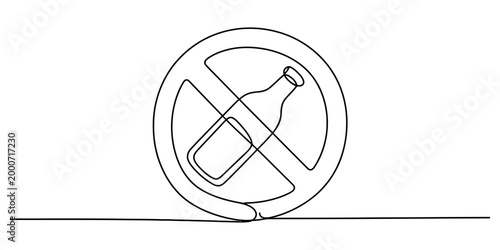 Continuous single line drawing of a no alcohol bottle sign icon representing a prohibition symbol for no drinking allowed zones or public areas