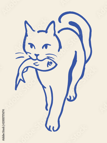 Cat carrying fish naive blue sketch vector illustration