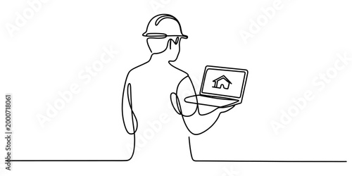 Continuous line drawing of a construction worker wearing a safety helmet holding a laptop with a house icon on the screen representing home building project