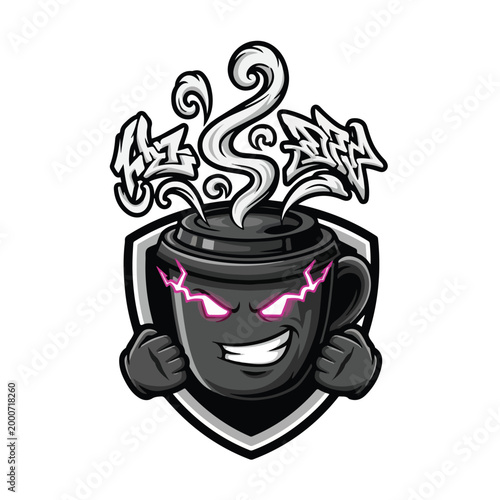 Cartoon Mascot Coffee Pot with Steam and Shield