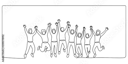 Group of happy people jumping for joy drawn in a continuous line art style