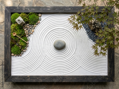 Zen Garden Sand Rake Pattern with Stone, Moss, and Japanese Maple – Minimalist Meditation Concept