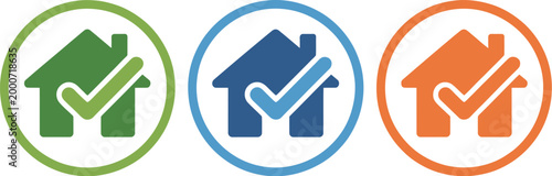 House verification check icon set, home approval symbols representing property validation residential security assurance real estate certification and housing compliance design.