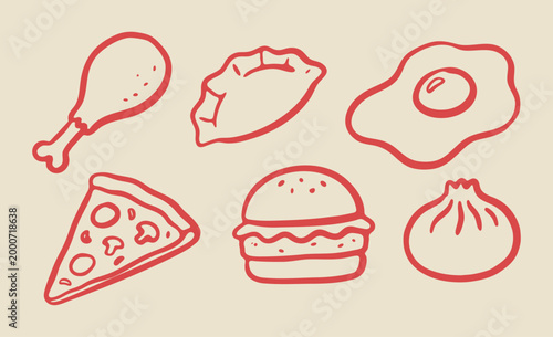 Hand drawn fast food, gastronomy illustration pack with pizza slice, burger, chicken drumstick, dumpling and fried egg