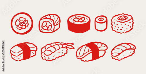 Hand drawn Japanese cuisine or authentic sushi illustration set with nigiri, maki, California and tuna rolls and sashimi