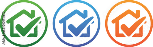 House verification check icon set, property approval icons with home check marks illustrating real estate validation security assurance and housing compliance concepts.