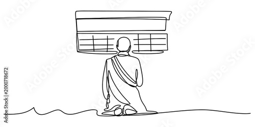 Continuous single line drawing of a buddhist monk kneeling and praying in front of a traditional temple altar with incense sticks and religious items