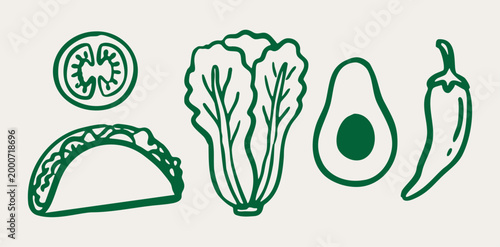 Hand drawn taco ingredient illustration pack with chili pepper, avocado, lettuce, tomato slice and crispy taco