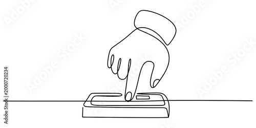 Continuous single line drawing of a human hand pressing a small button on a flat device